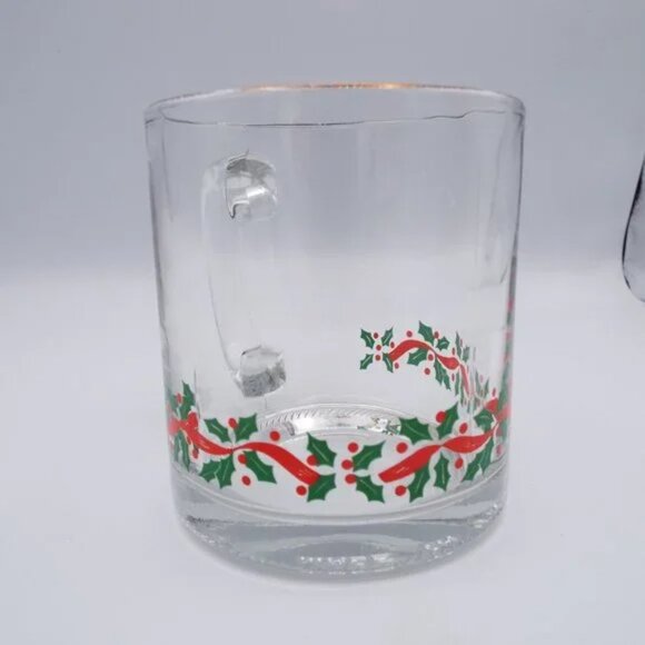 Set Of 4 Vtg Libbey Arby's Glass Coffee Cocoa Mugs Christmas Holly Red Ribbon - Picture 4 of 4